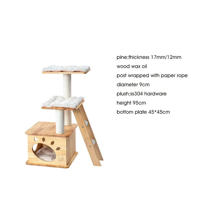 Solid Wood Cat Tree 95~195cm Multi-Level Cat Tower 4types