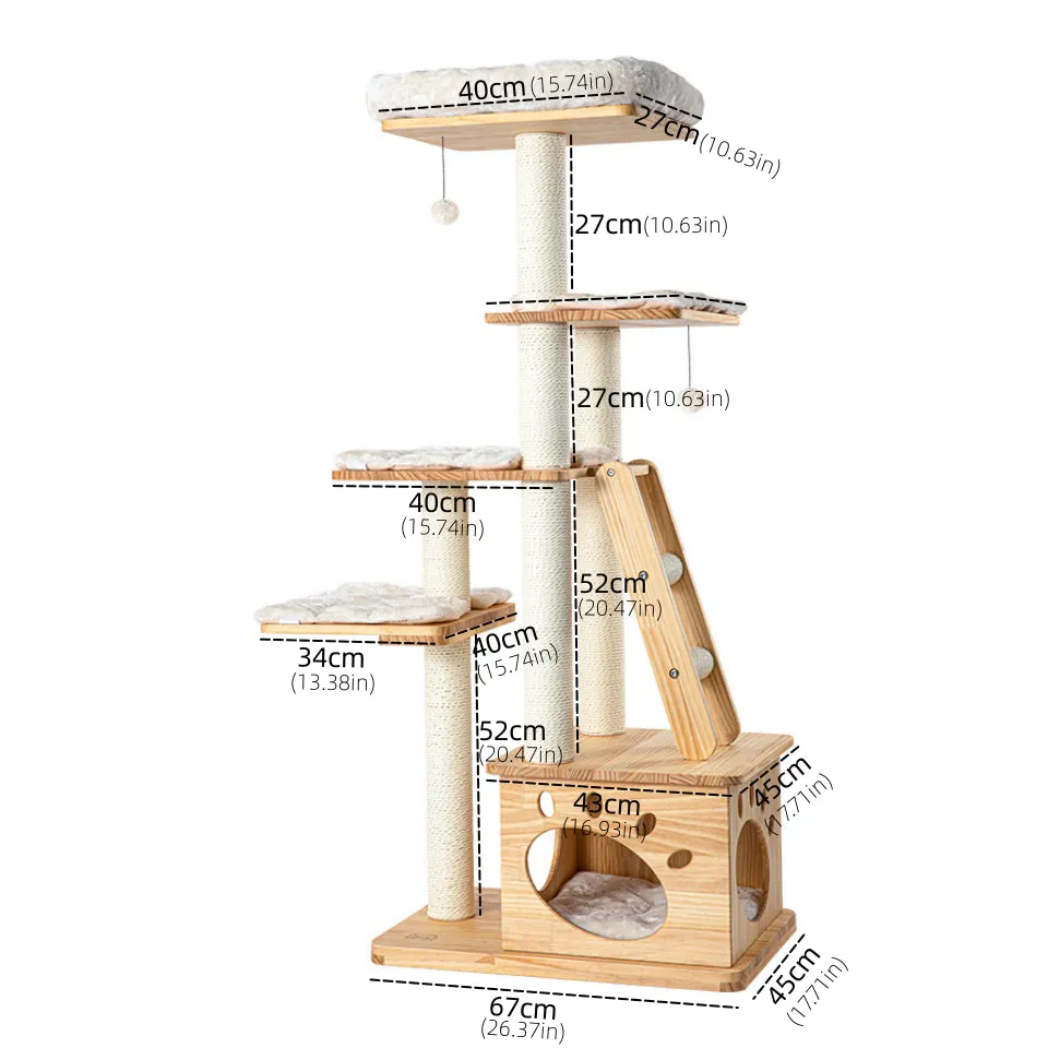 Solid Wood Cat Tree 95~195cm Multi-Level Cat Tower 4types