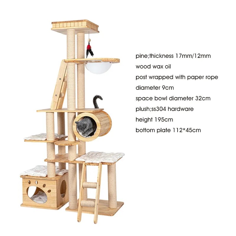 Solid Wood Cat Tree 95~195cm Multi-Level Cat Tower 4types
