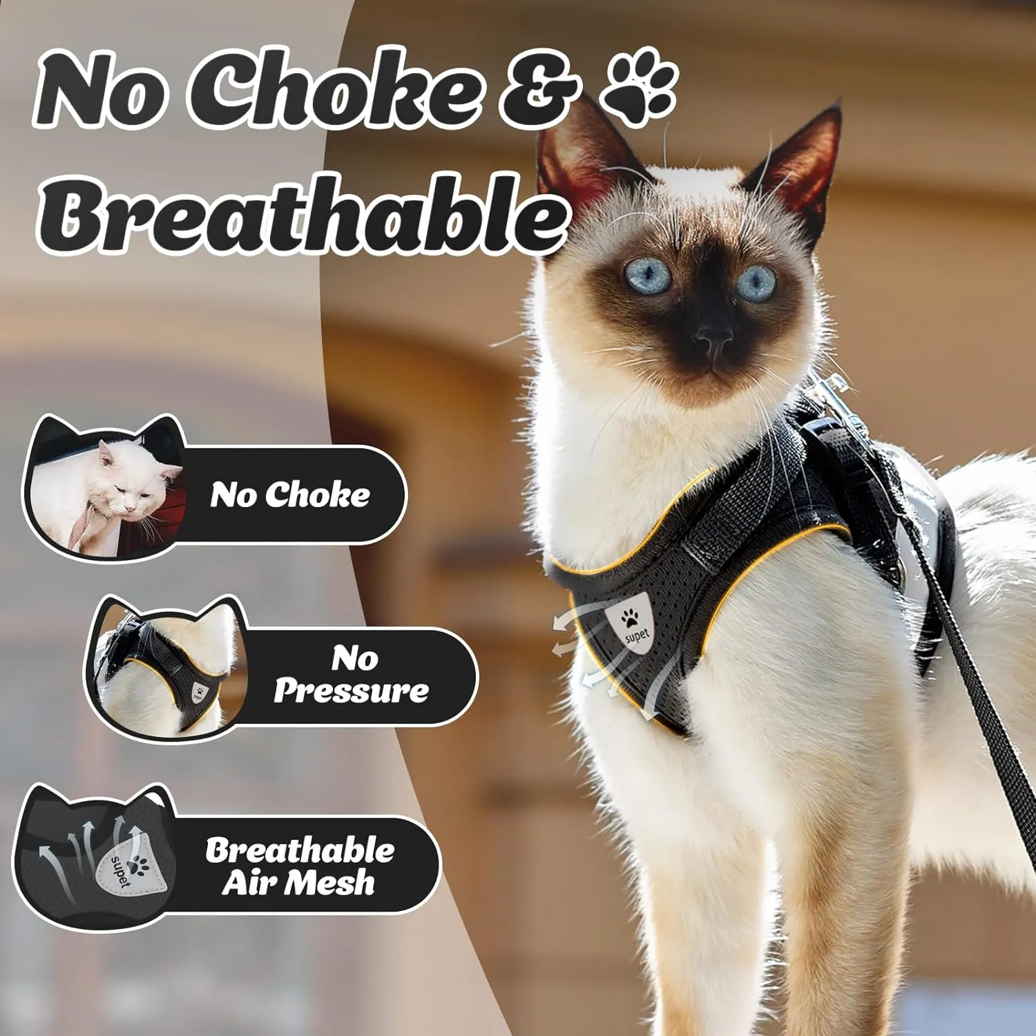 Supet Cat Harness and Leash Set - Soft Mesh Adjustable Cat Vest Harness with Reflective Strap for Walking Cat and Puppy Rabbit