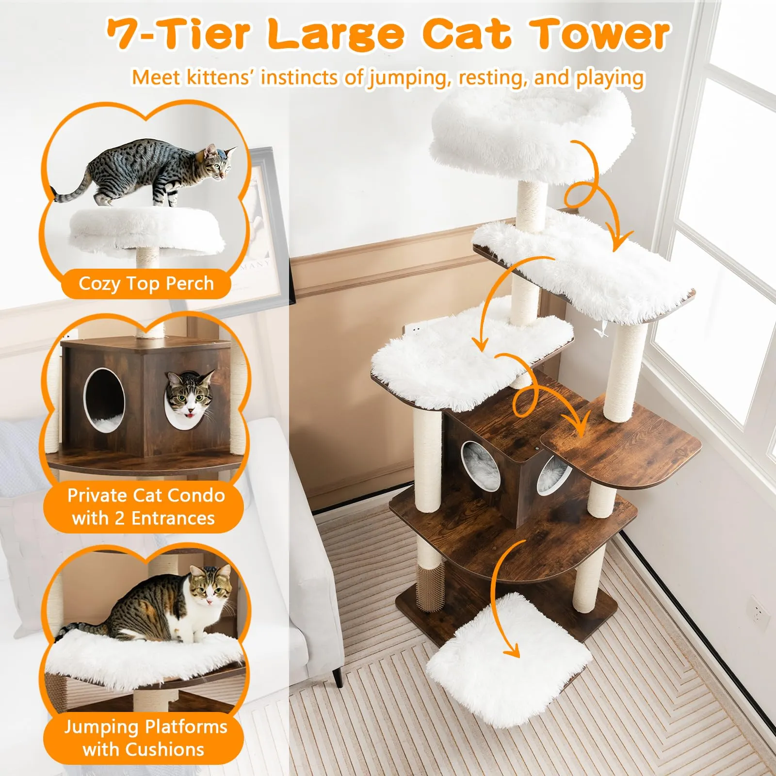 Tangkula Modern Wood Cat Tree, 69-Inch Cat Tower with Multi-Layer Platform