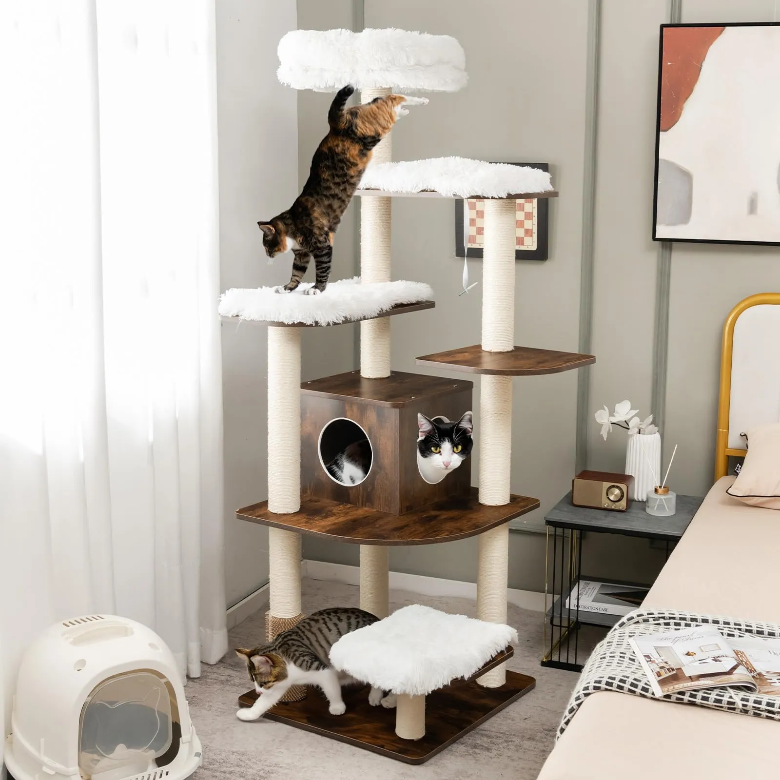 Tangkula Modern Wood Cat Tree, 69-Inch Cat Tower with Multi-Layer Platform