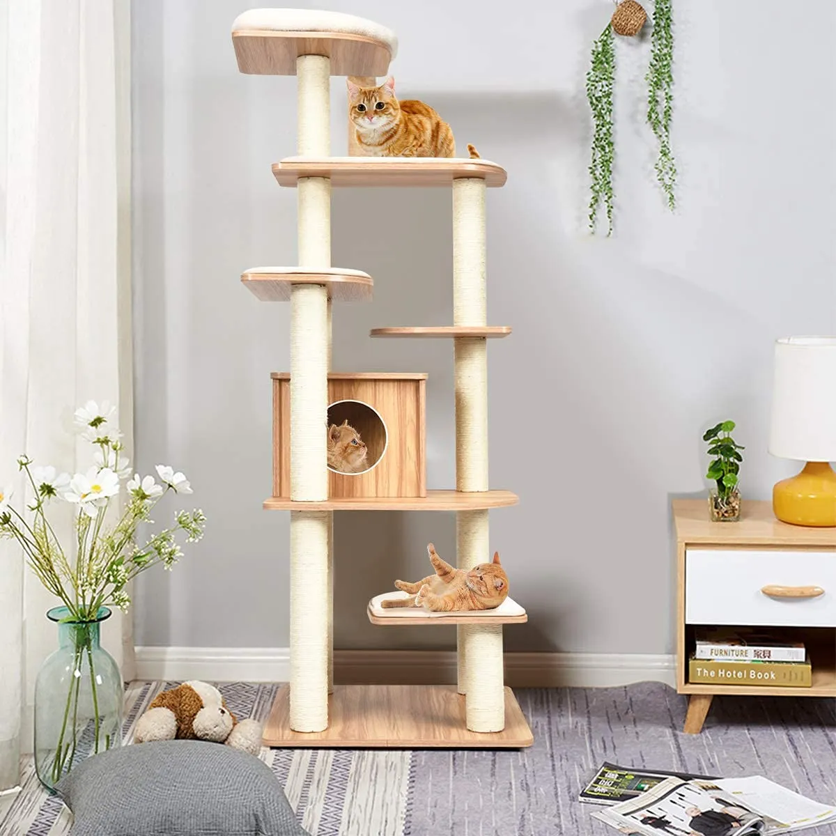 Tangkula Modern Wood Cat Tree, 69-Inch Cat Tower with Multi-Layer Platform