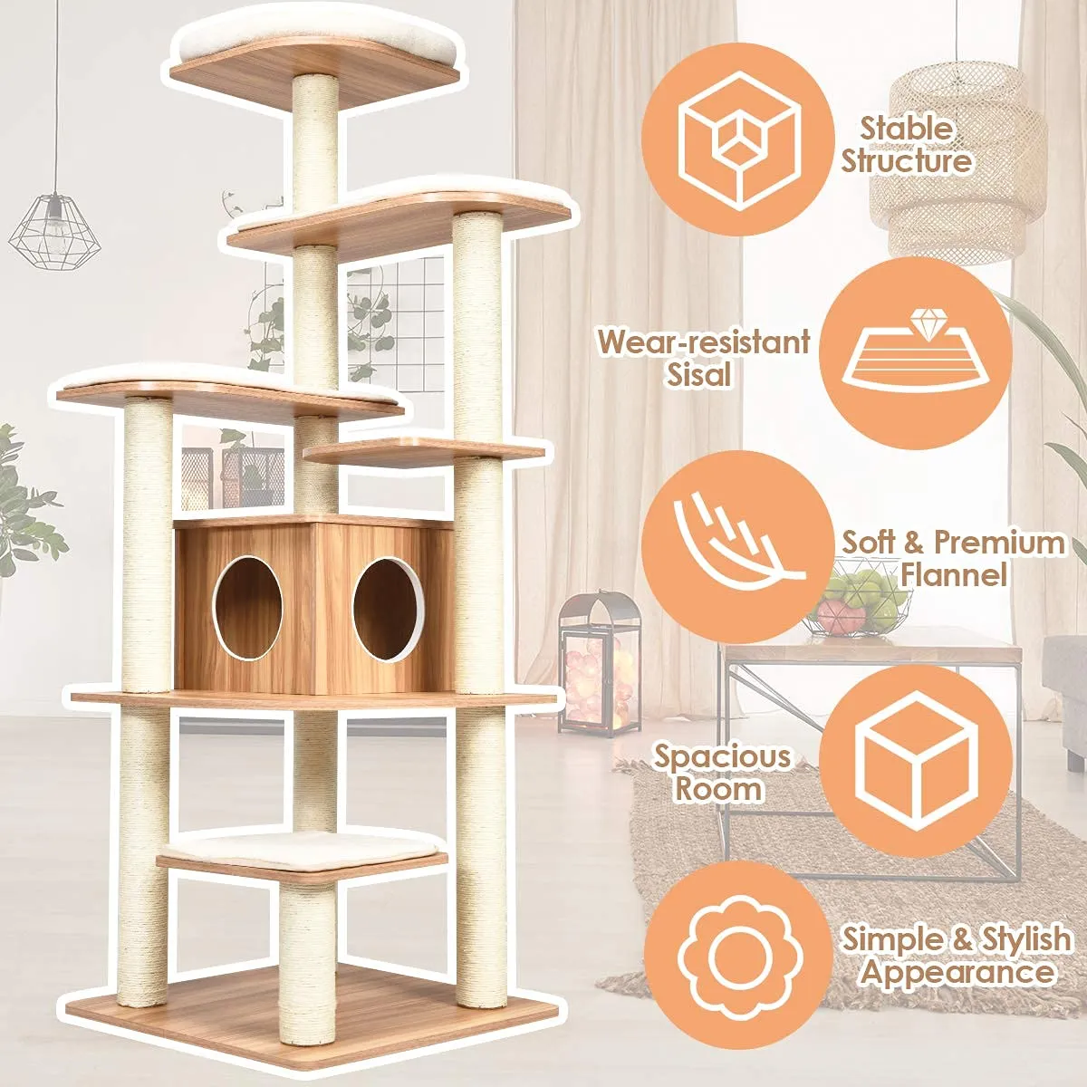 Tangkula Modern Wood Cat Tree, 69-Inch Cat Tower with Multi-Layer Platform