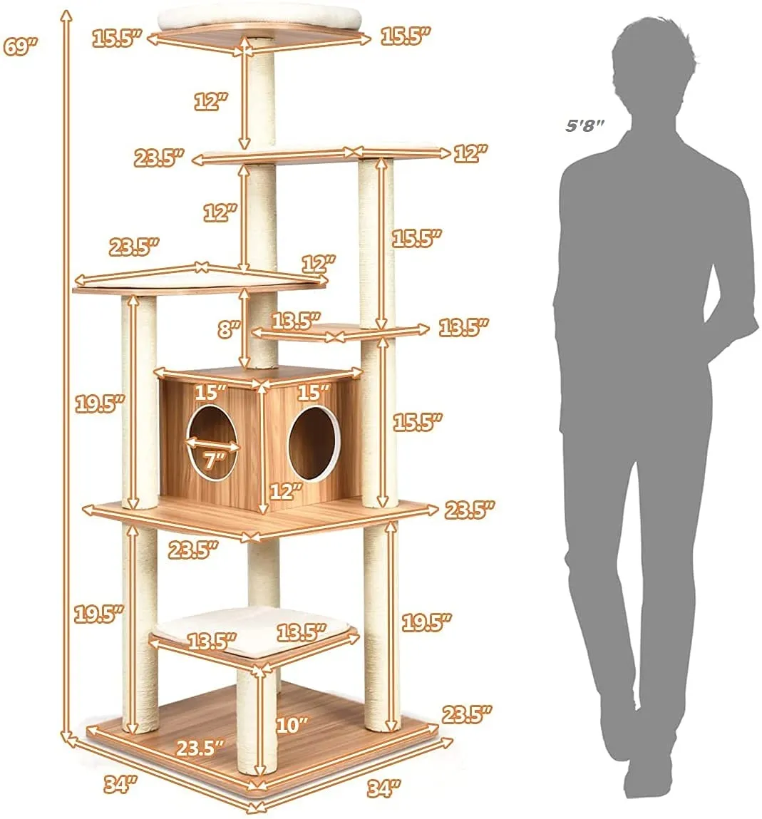 Tangkula Modern Wood Cat Tree, 69-Inch Cat Tower with Multi-Layer Platform