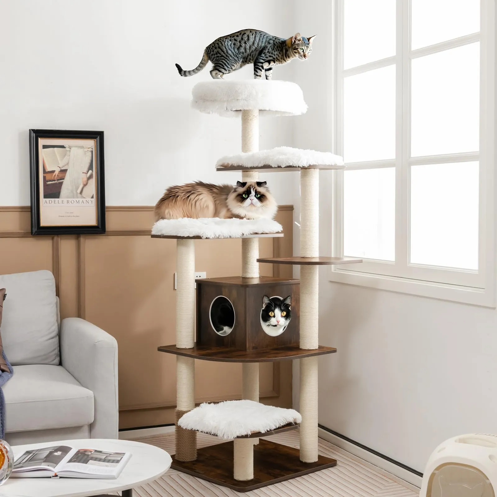 Tangkula Modern Wood Cat Tree, 69-Inch Cat Tower with Multi-Layer Platform