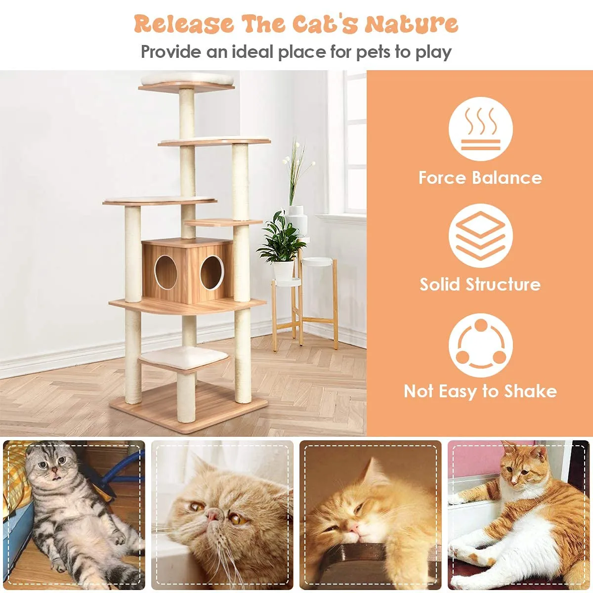 Tangkula Modern Wood Cat Tree, 69-Inch Cat Tower with Multi-Layer Platform