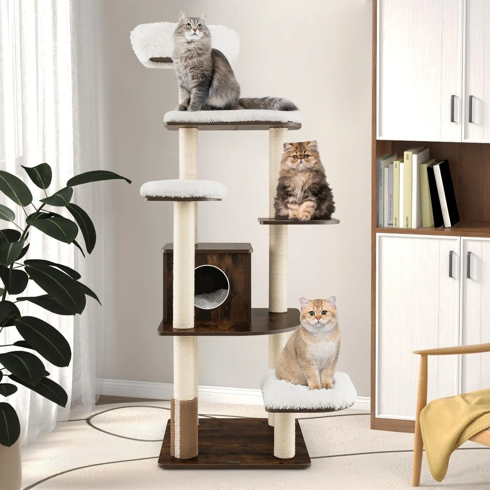 Tangkula Modern Wood Cat Tree, 69-Inch Cat Tower with Multi-Layer Platform