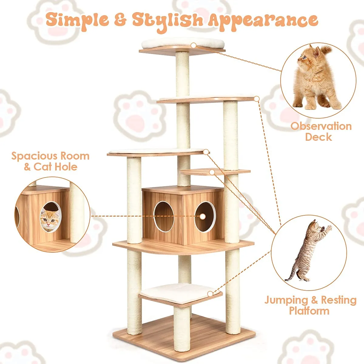 Tangkula Modern Wood Cat Tree, 69-Inch Cat Tower with Multi-Layer Platform