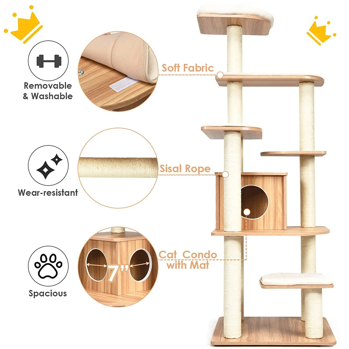 Tangkula Modern Wood Cat Tree, 69-Inch Cat Tower with Multi-Layer Platform