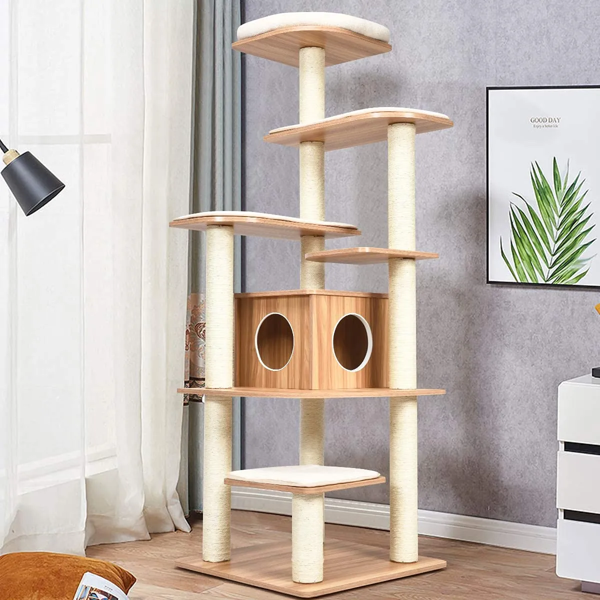Tangkula Modern Wood Cat Tree, 69-Inch Cat Tower with Multi-Layer Platform