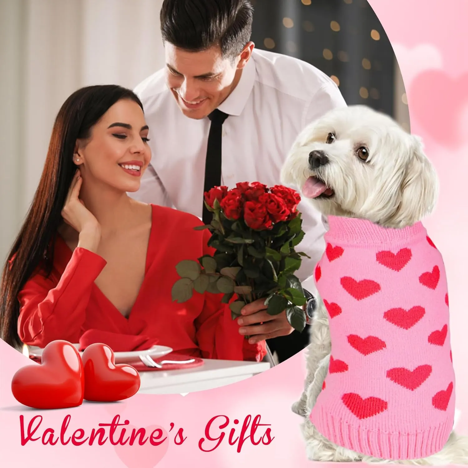 Valentine Dog Sweater Dog Valentines Clothes Outfit Knitted Heart Sweater for Small Medium Large Dogs Pets (Pink, X-Large)