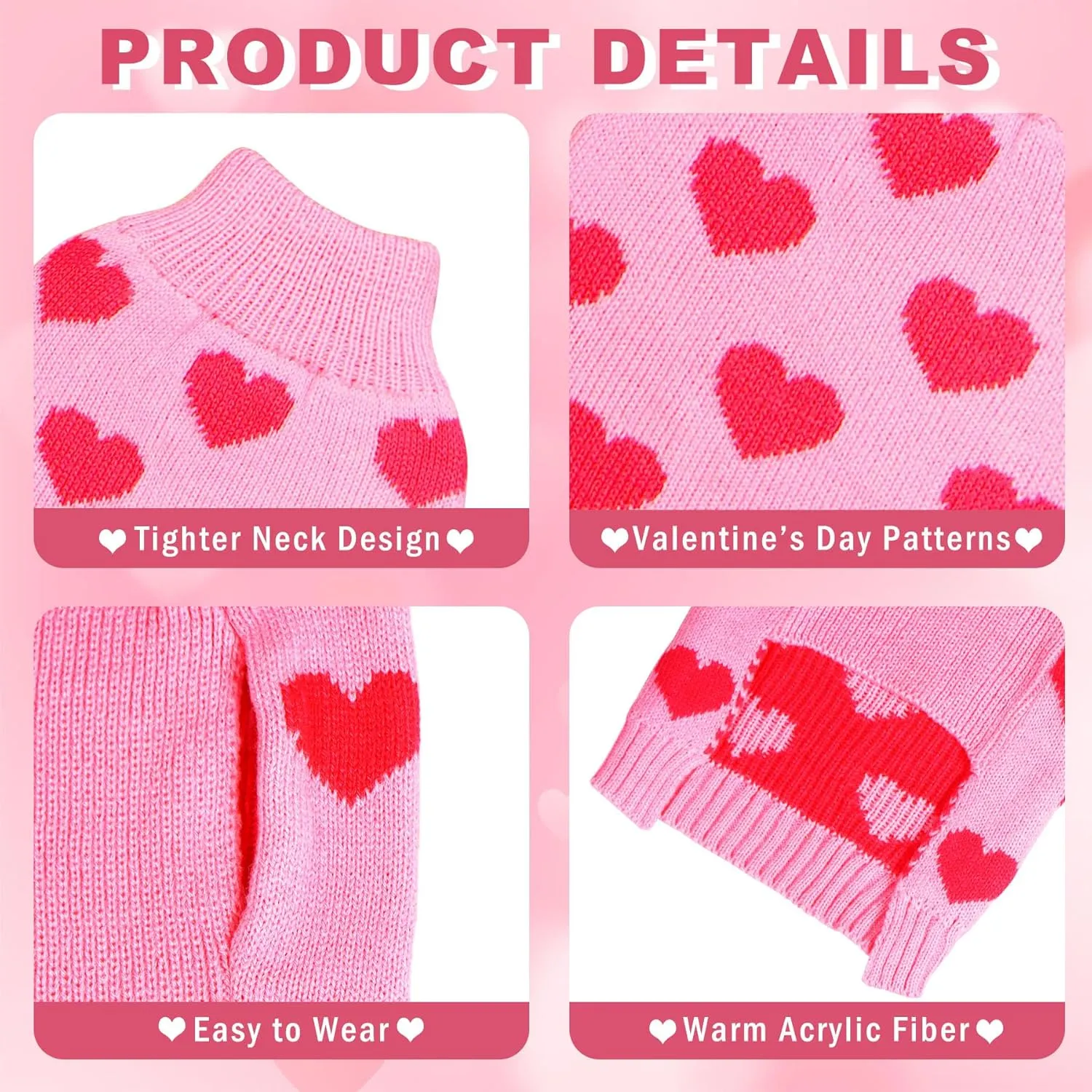 Valentine Dog Sweater Dog Valentines Clothes Outfit Knitted Heart Sweater for Small Medium Large Dogs Pets (Pink, X-Large)