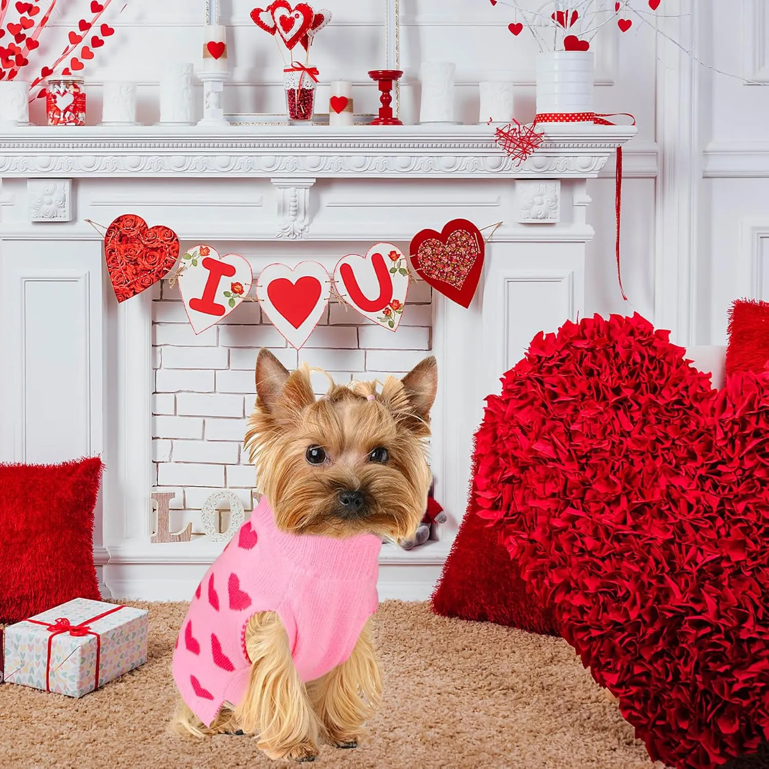 Valentine Dog Sweater Dog Valentines Clothes Outfit Knitted Heart Sweater for Small Medium Large Dogs Pets (Pink, X-Large)