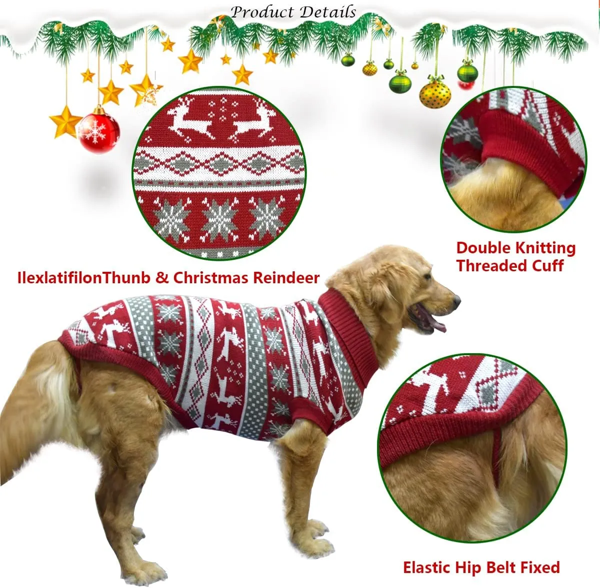 Vehomy Dog Christmas Sweater Xmas Pet Winter Knitwear Clothes Classic Warm Turtleneck Sweater Reindeer Snowflake Argyle Sweater Outfit for Medium Large Dogs XXL