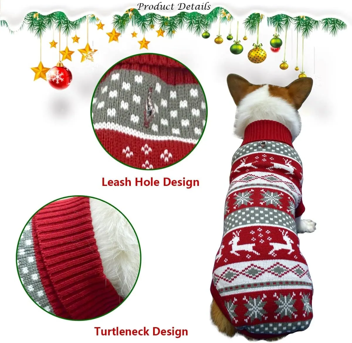 Vehomy Dog Christmas Sweater Xmas Pet Winter Knitwear Clothes Classic Warm Turtleneck Sweater Reindeer Snowflake Argyle Sweater Outfit for Medium Large Dogs XXL