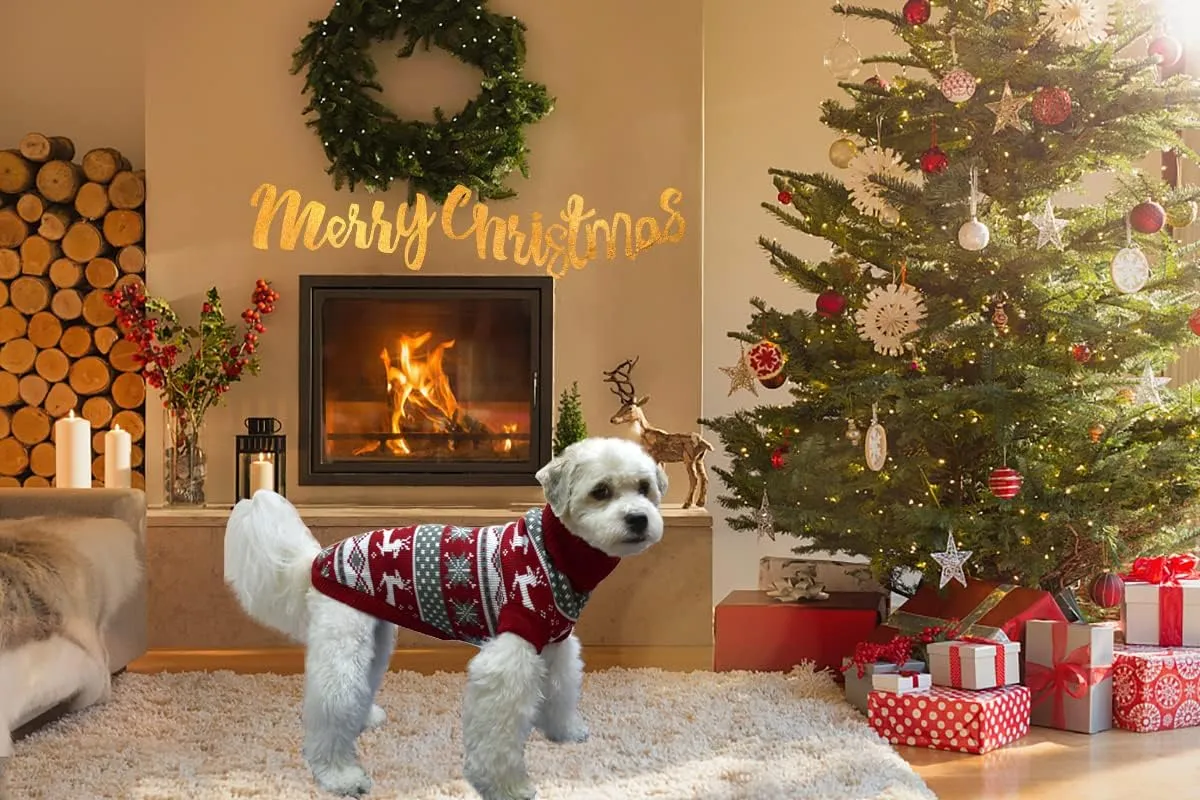 Vehomy Dog Christmas Sweater Xmas Pet Winter Knitwear Clothes Classic Warm Turtleneck Sweater Reindeer Snowflake Argyle Sweater Outfit for Medium Large Dogs XXL