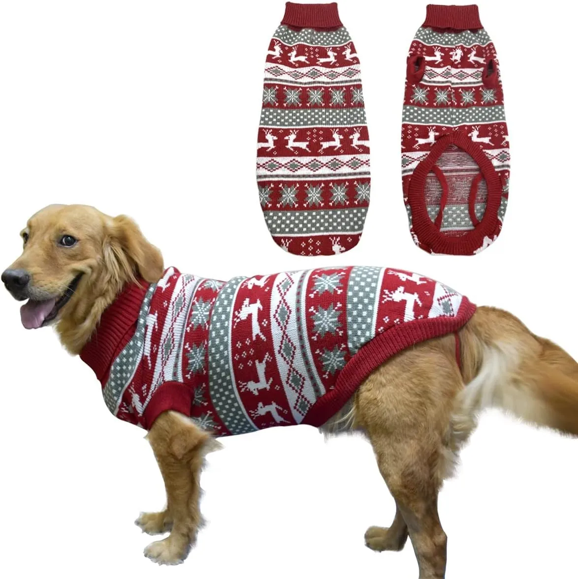 Vehomy Dog Christmas Sweater Xmas Pet Winter Knitwear Clothes Classic Warm Turtleneck Sweater Reindeer Snowflake Argyle Sweater Outfit for Medium Large Dogs XXL