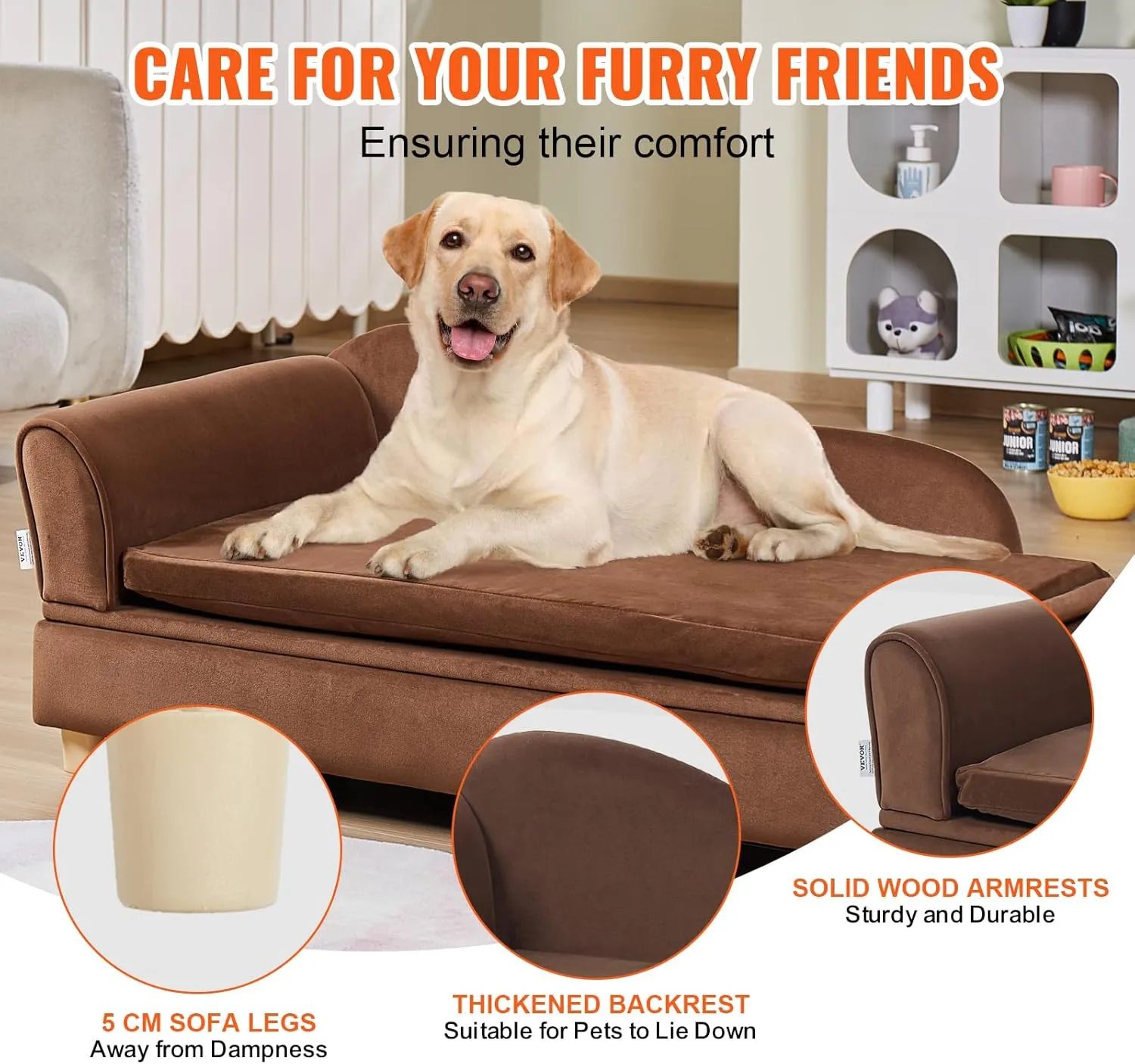 VEVOR Large Dog Couch Sofa Bed for Small Dogs and Cats, Soft Velvety Pet Sofa Bed, 60 lbs Loading Cat Sofa, Dark Brown