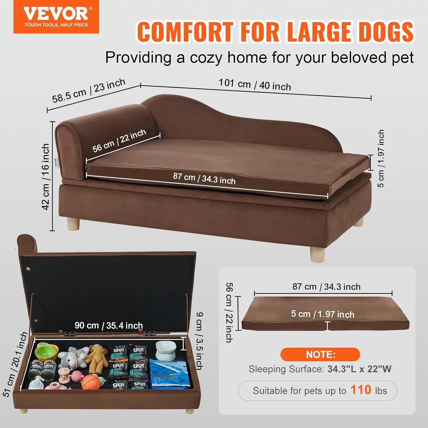VEVOR Large Dog Couch Sofa Bed for Small Dogs and Cats, Soft Velvety Pet Sofa Bed, 60 lbs Loading Cat Sofa, Dark Brown