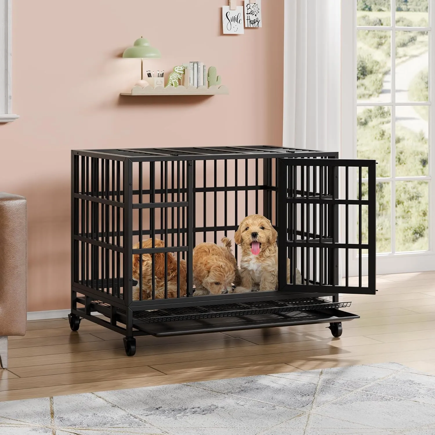 Vongrasig 38 Inch Heavy Duty Indestructible Dog Crate, Escape Proof Dog Cage Kennel with Lockable Wheels,High Anxiety Double Door Dog Cage,Extra Large XL XXL Crate Indoor for Large Dogs