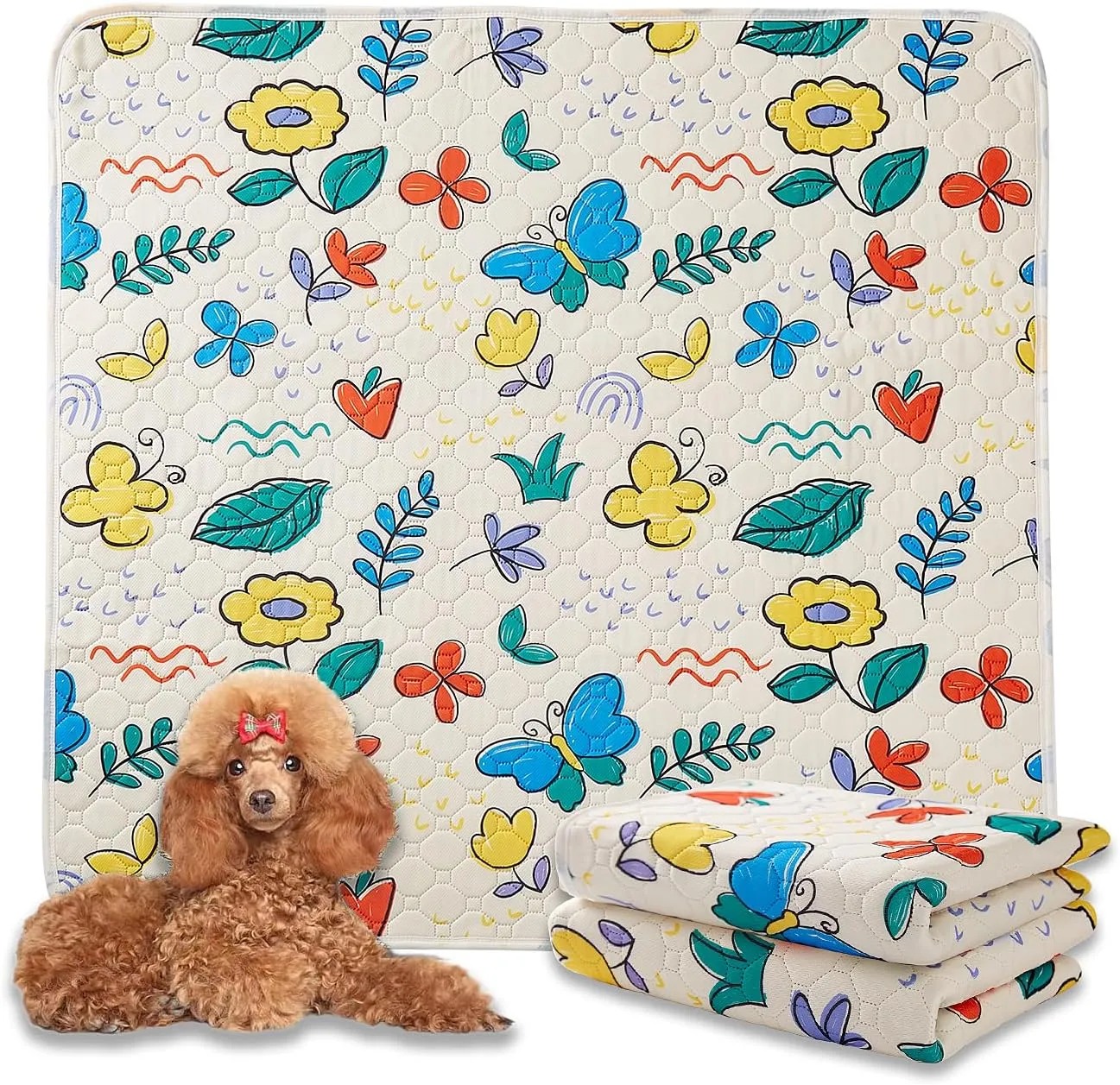 Washable Puppy Pads for Dog, Nakpputt (2 Packs 34"X36") Wee Wee Pads for Dogs Potty Training for Dogs Washable Reusable Dog Pee Pads Pet Training Pads Non Slip Mat Rug Highly Absorbent Flower