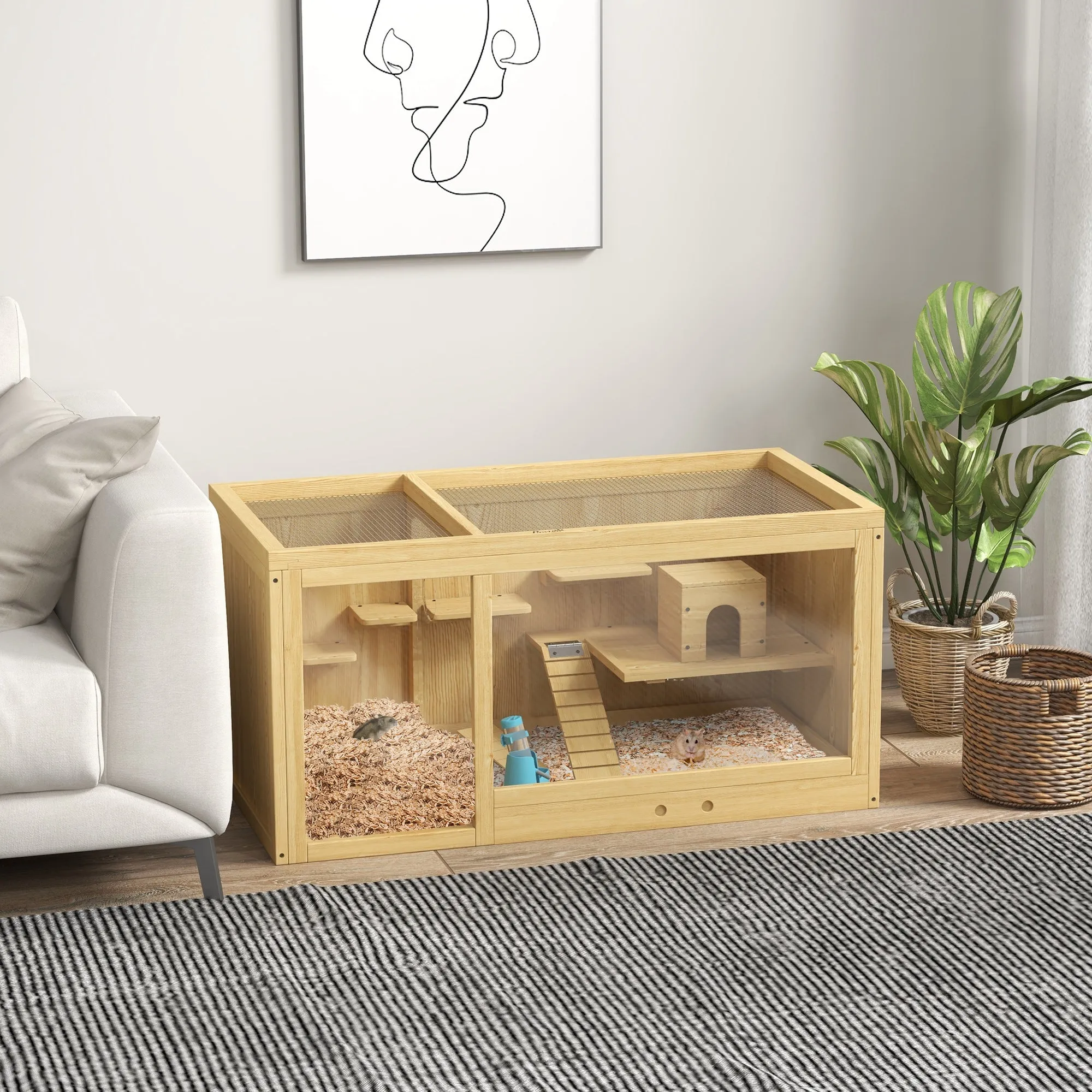 Wooden Hamster Cage with Water Bottle, Platforms, Openable Roof